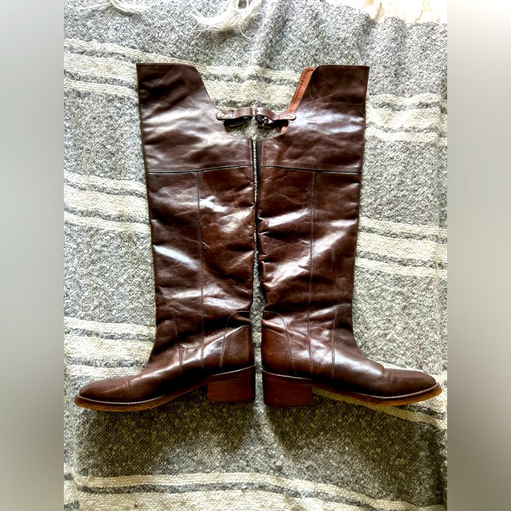Vintage brown leather designer Hibou over the knee riding boots.